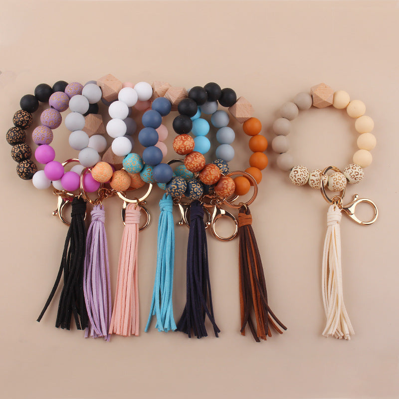 Wholesale European Style Silicone Wood Bead Keychain With Leather Tassel DIY Bracelet Making Kit Fashion Gift For Wedding Party Resale Accessory