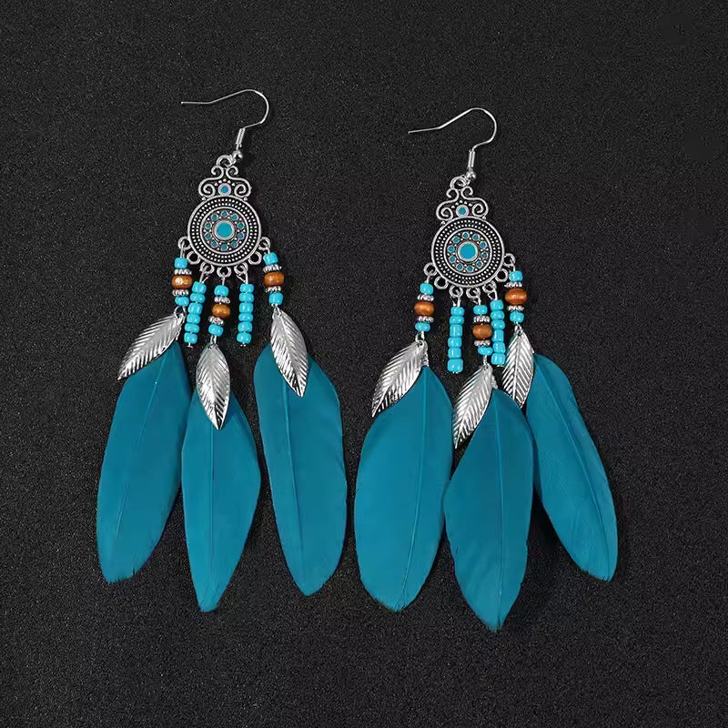 Wholesale Bohemian Long Feather Tassel Earrings