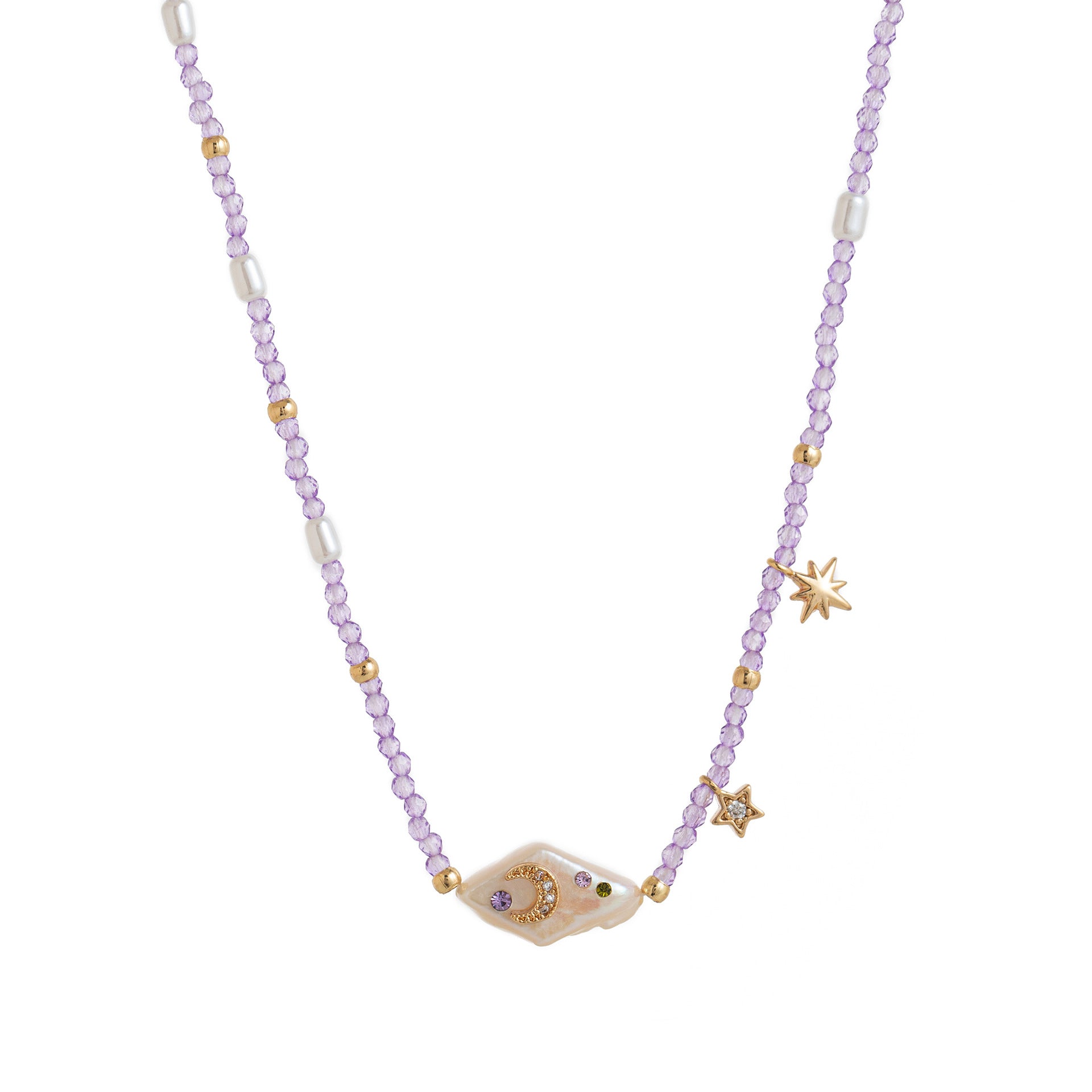 Wholesale Natural Moon Star Purple Beaded Zircon Necklace