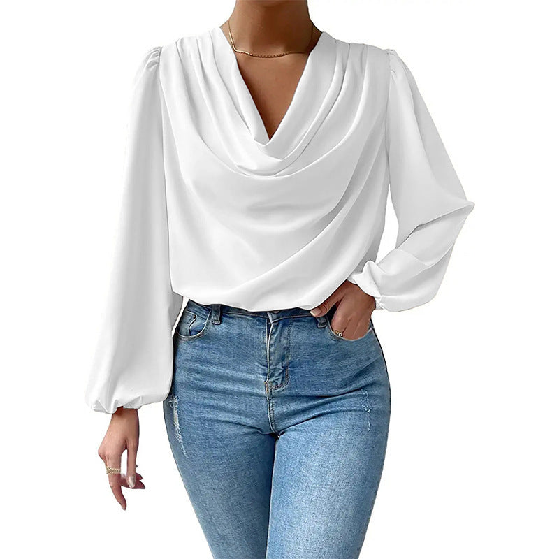 Wholesale chiffon long sleeve shirt loose draped v-neck top T-shirt women's clothing