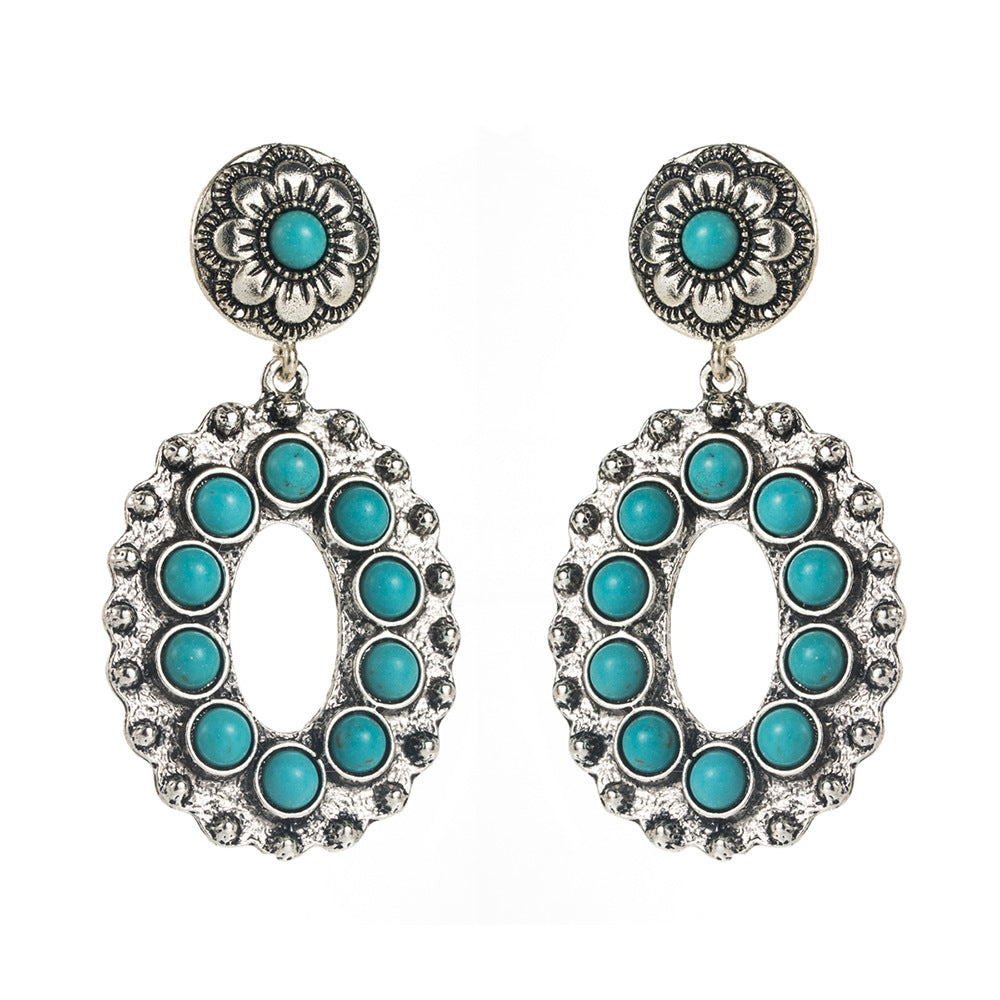 Wholesale Retro Western Turquoise Inlay Alloy Earrings Hollow Flower Design For Women Fashion Accessory
