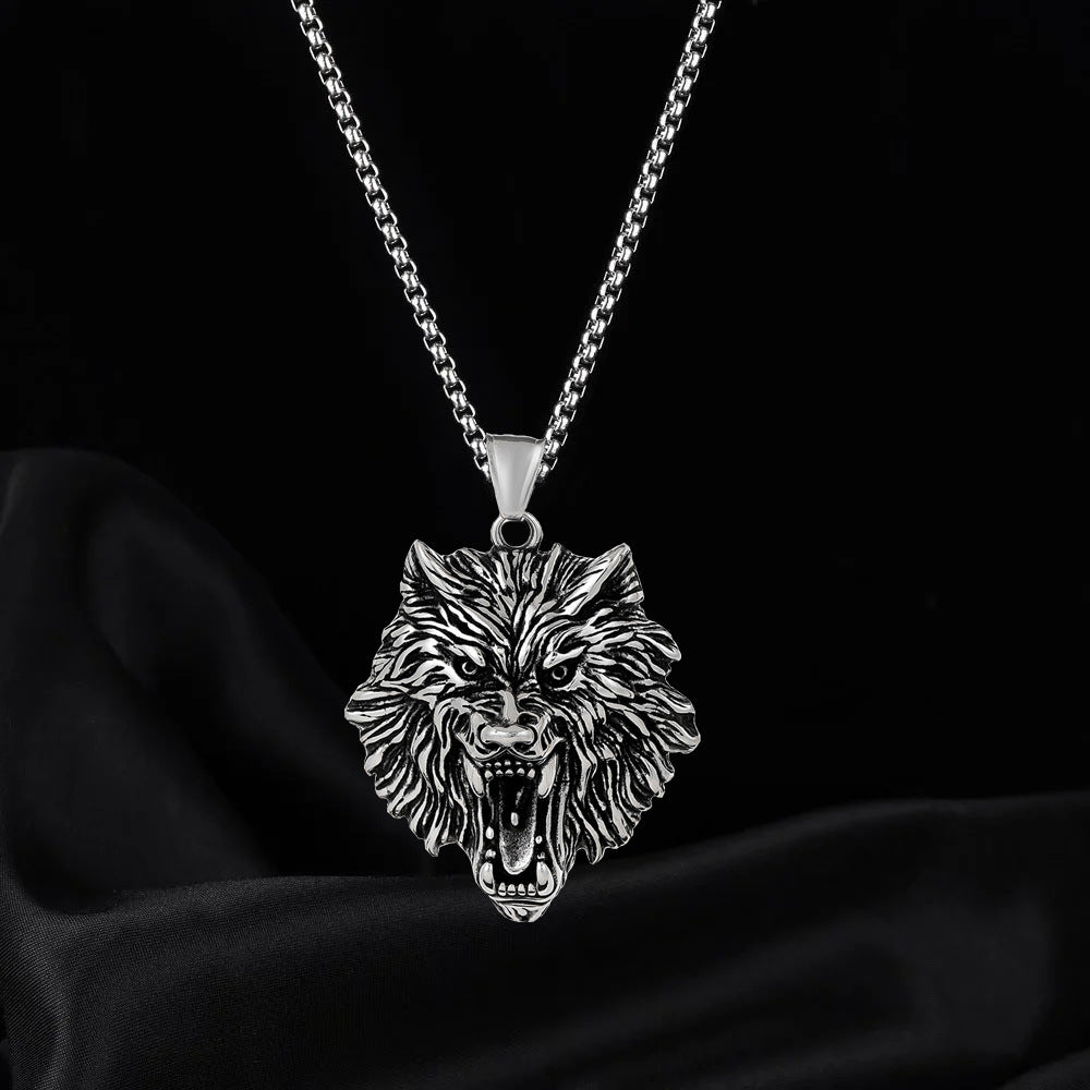 Wholesale Retro punk titanium steel wolf head men's necklace