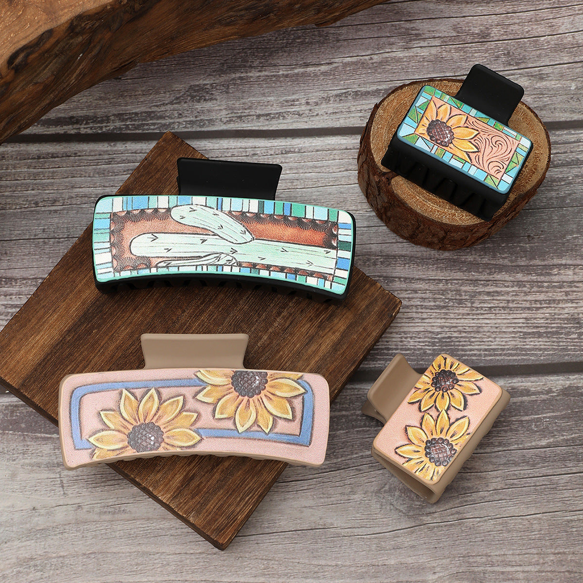 Wholesale  Western Style Sunflower Cactus Leather Hairpin Combination suit Shark Clip