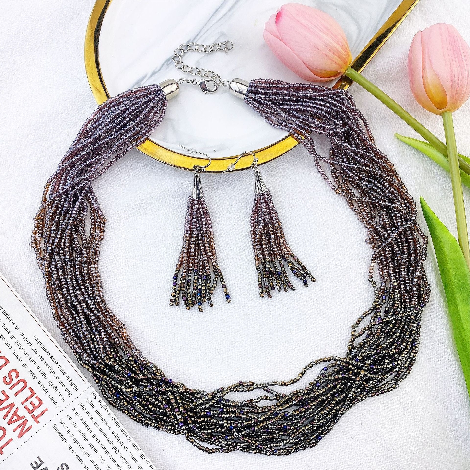 Wholesale Fashion Multi-layer Mixed Color Rice Bead Tassel Earrings Necklace