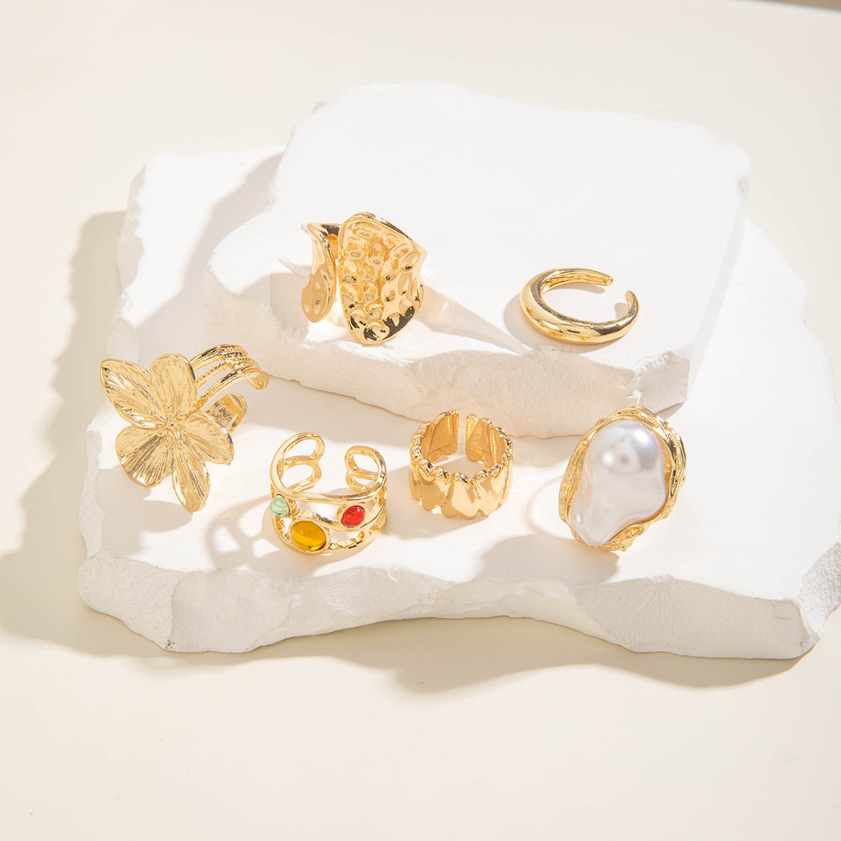 Wholesale Baroque pearl vintage metal lava flower combination ring six-piece set