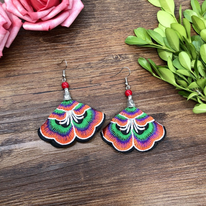 Wholesale Embroidered vintage fabric flower tassel earrings