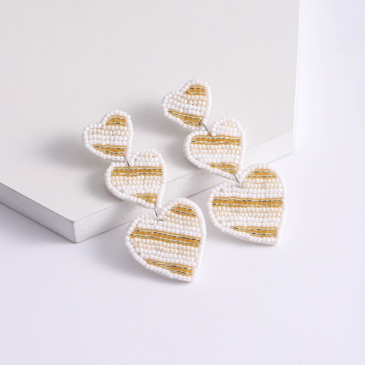 Wholesale Creative Love Pink Striped Hand-woven Rice Beads Multi-layer Earrings