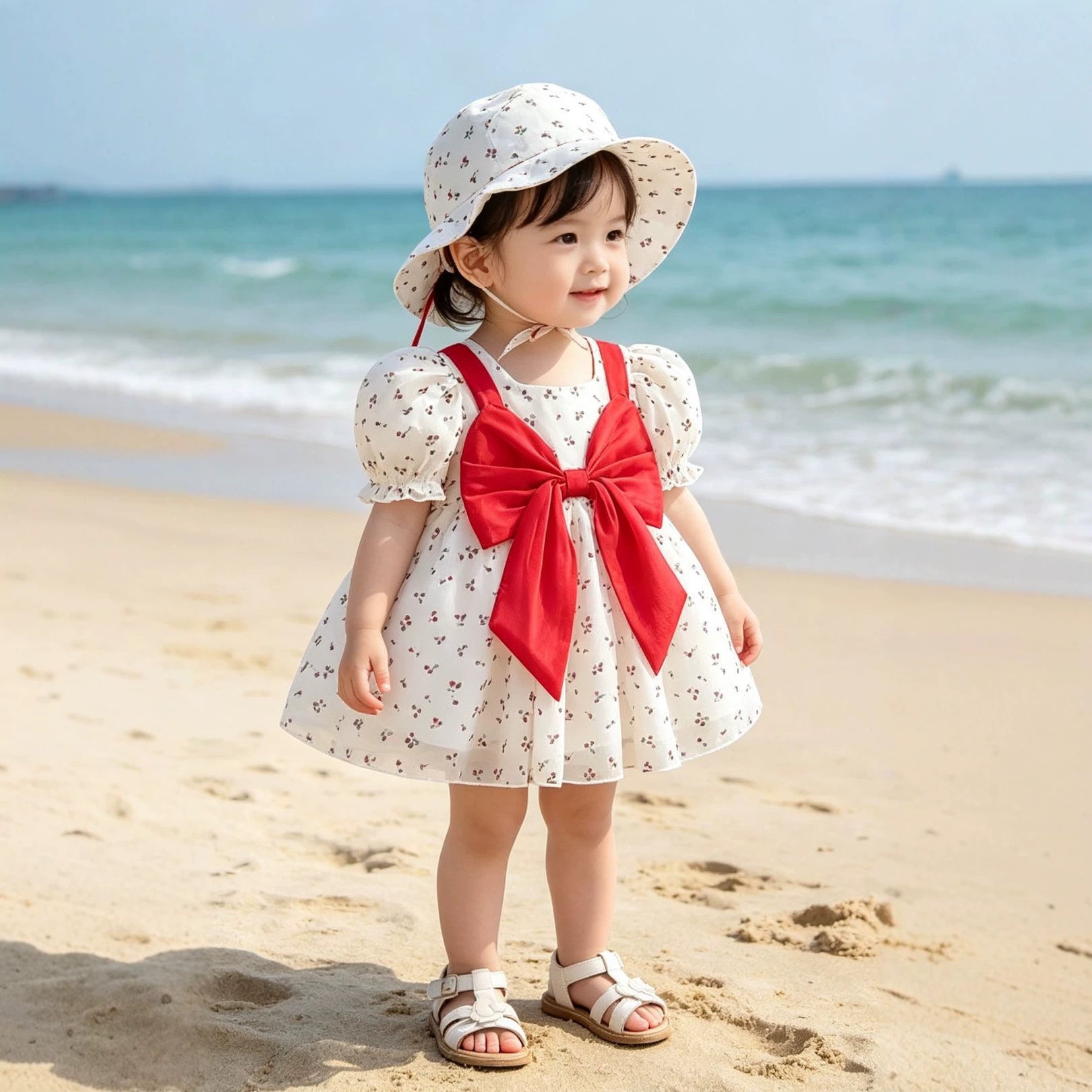 Wholesale Summer Baby Girl Cherry Princess Dress With Bubble Sleeves And Bow Includes Sun Hat Chic Toddler Boutique Resale