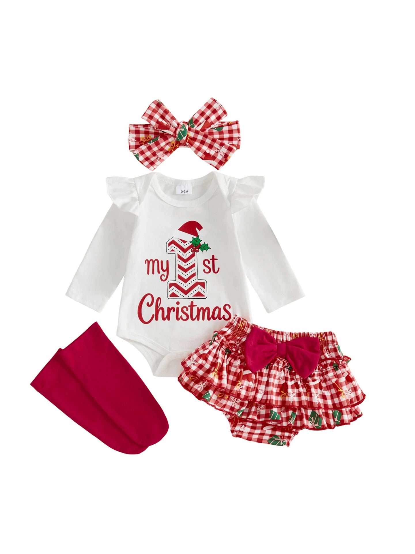 Wholesale Christmas Toddler Girl Winter Outfit Set Letter Print Long Sleeve Bodysuit Shorts Headf