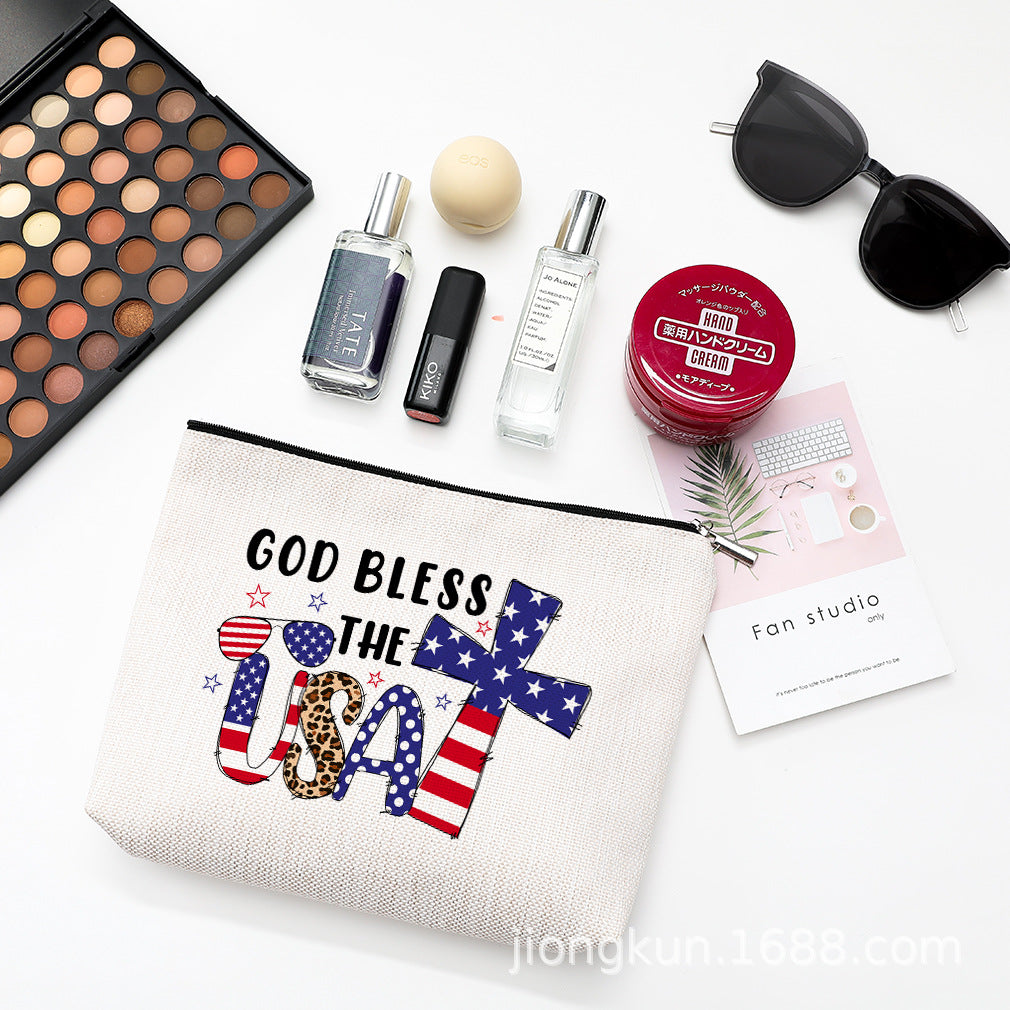 Wholesale Independence Day Waterproof Linen Cosmetic Bag