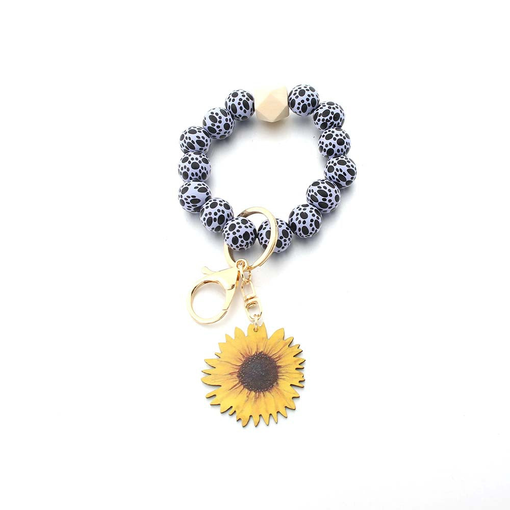 Wholesale Printed Solid Wood Bead Sunflower Wrist Keychain