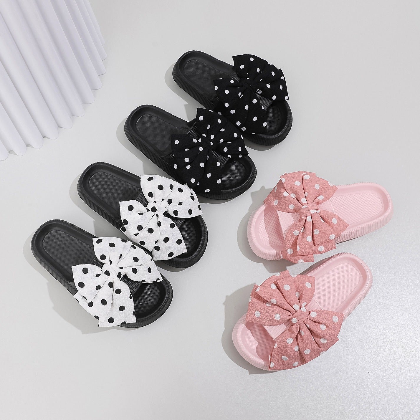 Fashion polka dot bow slippers women's summer outer wear thick bottom indoor one-word sandals beach shoes