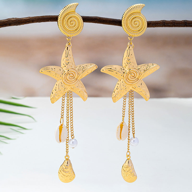 Wholesale Fashion Alloy Starfish Conch Earrings Bohemian Imitation Pearl Long Tassel Jewelry Accessory