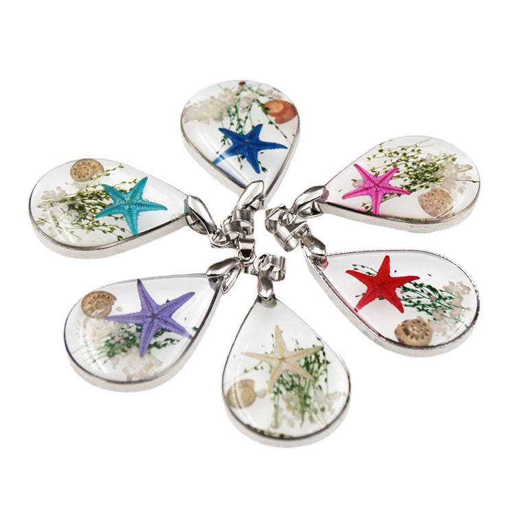 Wholesale 6pcs Natural Starfish Specimen Resin Dripping Glue Necklace