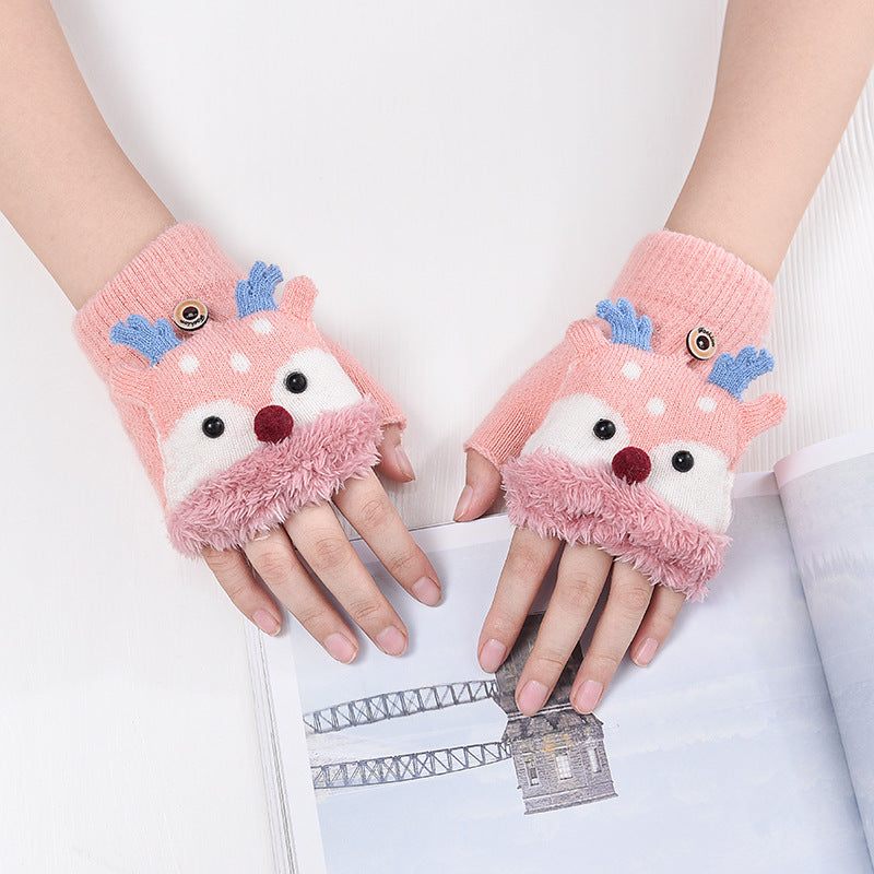 Wholesale Children's Winter Plush and Thick Flip Half Finger Knitted Cartoon Imitation Cashmere Gloves