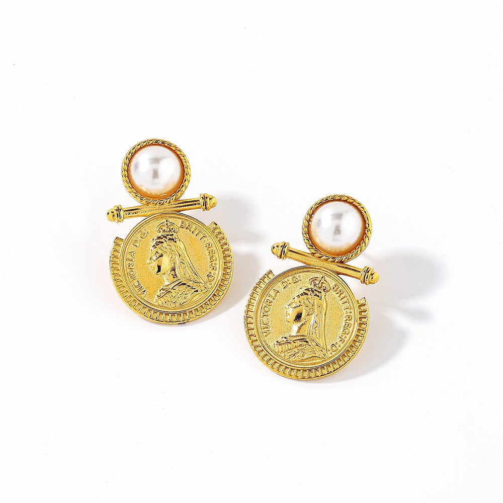 Wholesale Stainless Steel Retro Gold Coin Earrings