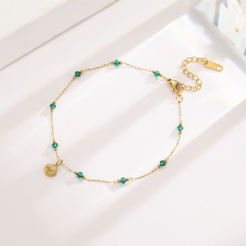 Wholesale Vintage Green Zircon Shell Titanium Steel Anklet