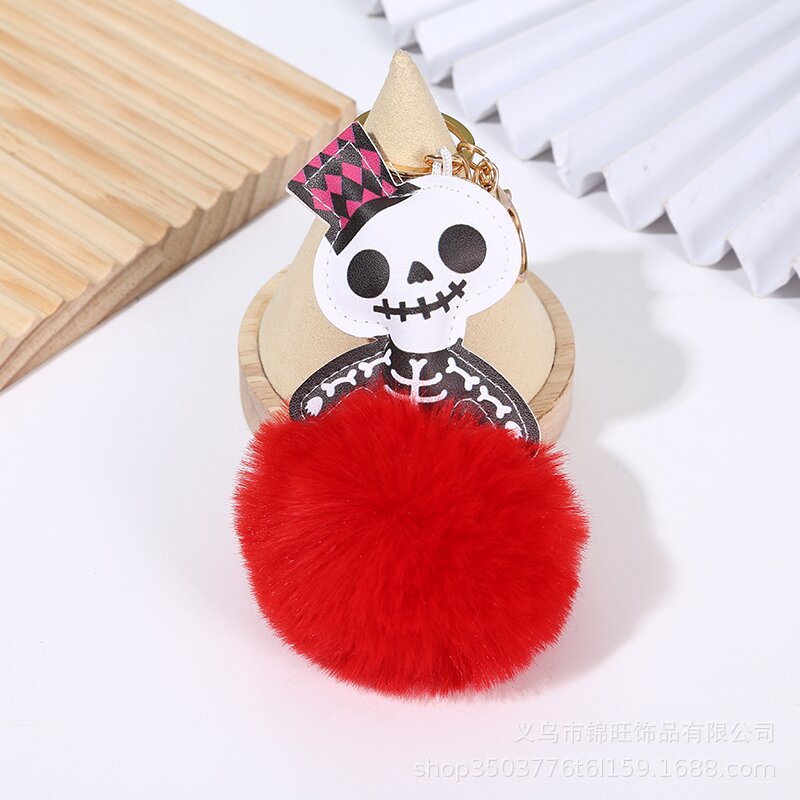 Wholesale Halloween Leather Skull Hair Ball Keychain