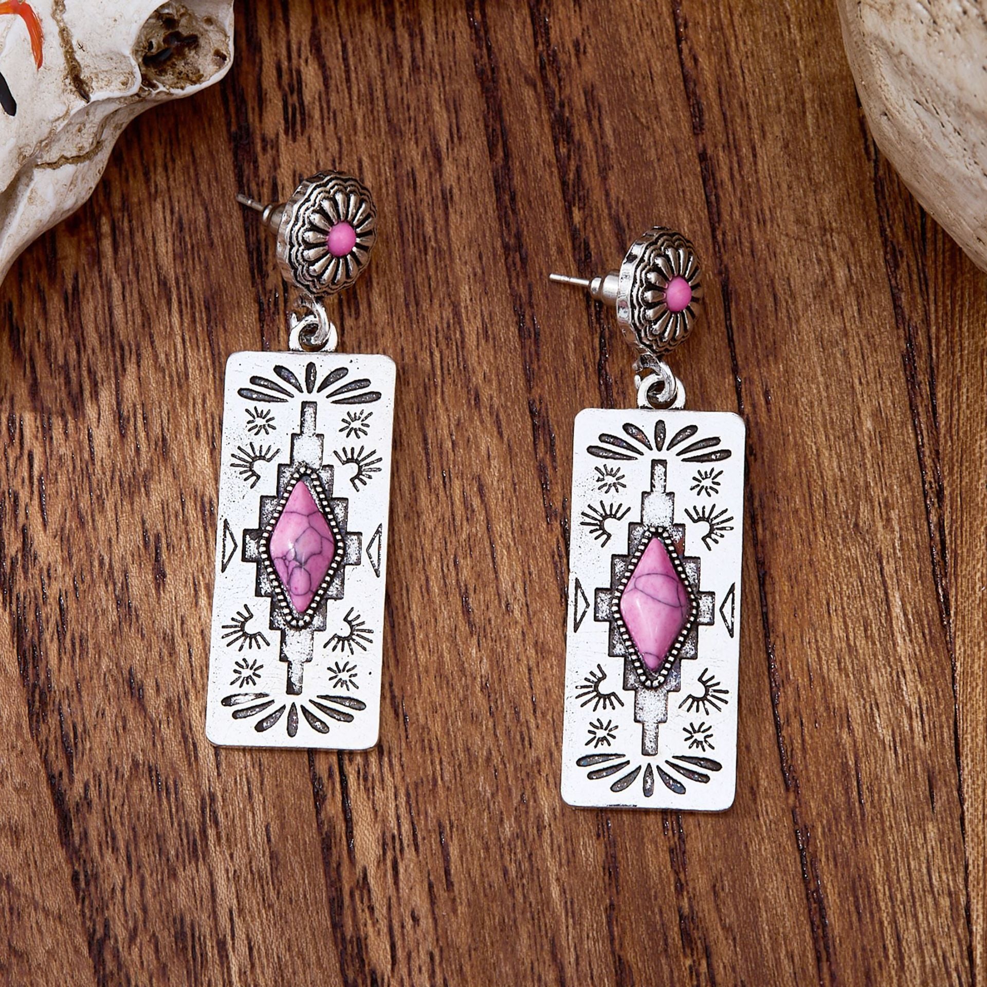 Wholesale Retro Western-style earrings rectangular patterned earrings inlaid  stones