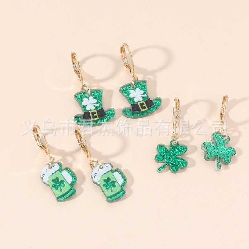 Wholesale St. Patrick's Day Carnival Personalized Green Acrylic Glitter Clover Earrings