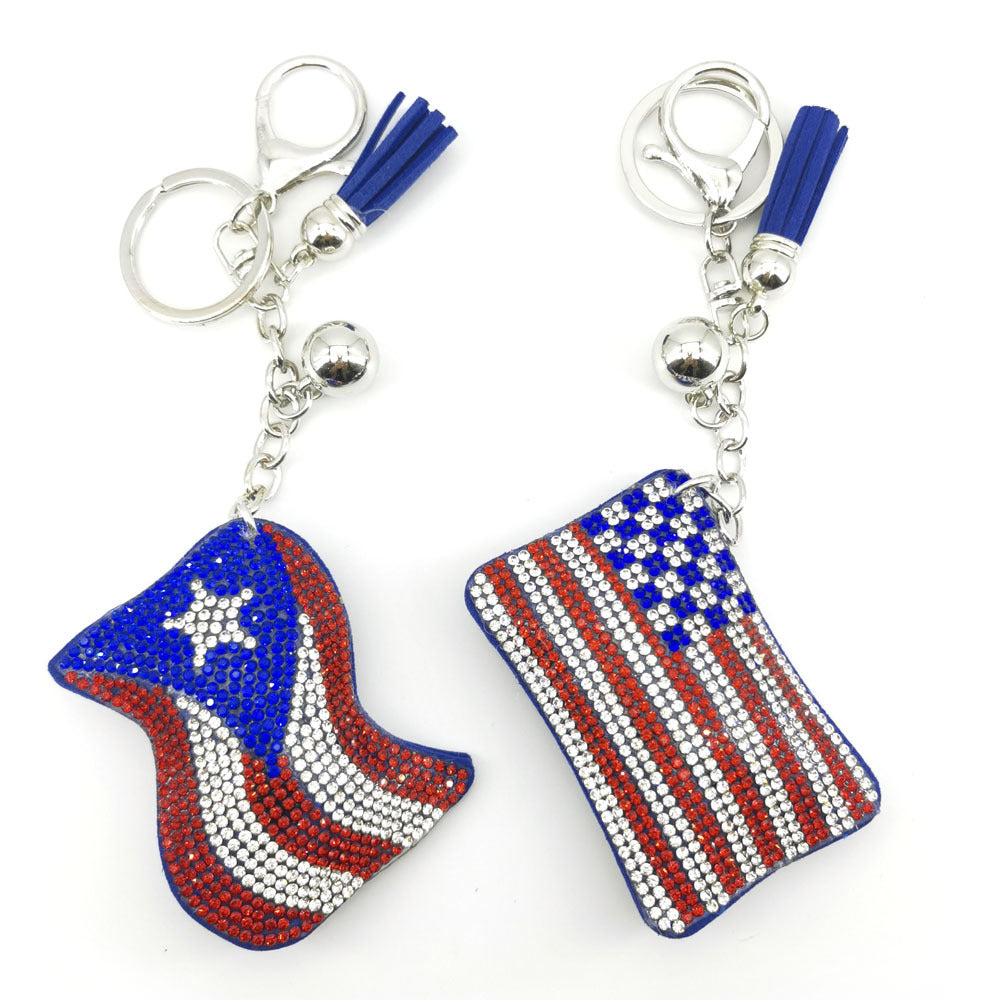 Wholesale 4pcs  Velvet inlaid diamond flag Rhinestone Keychain