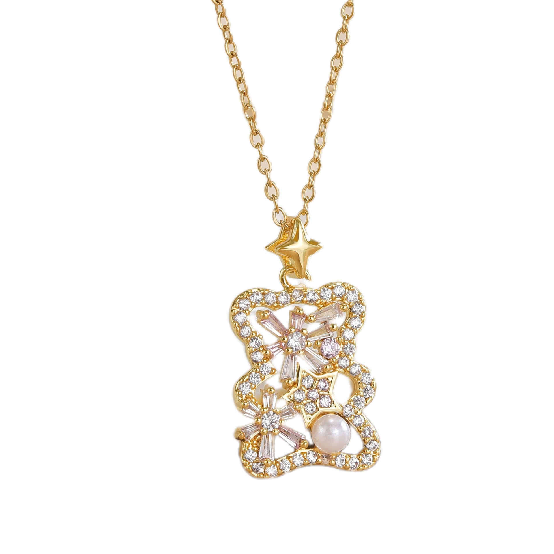 Wholesale plated real gold micro inlaid zircon bear biscuit necklace