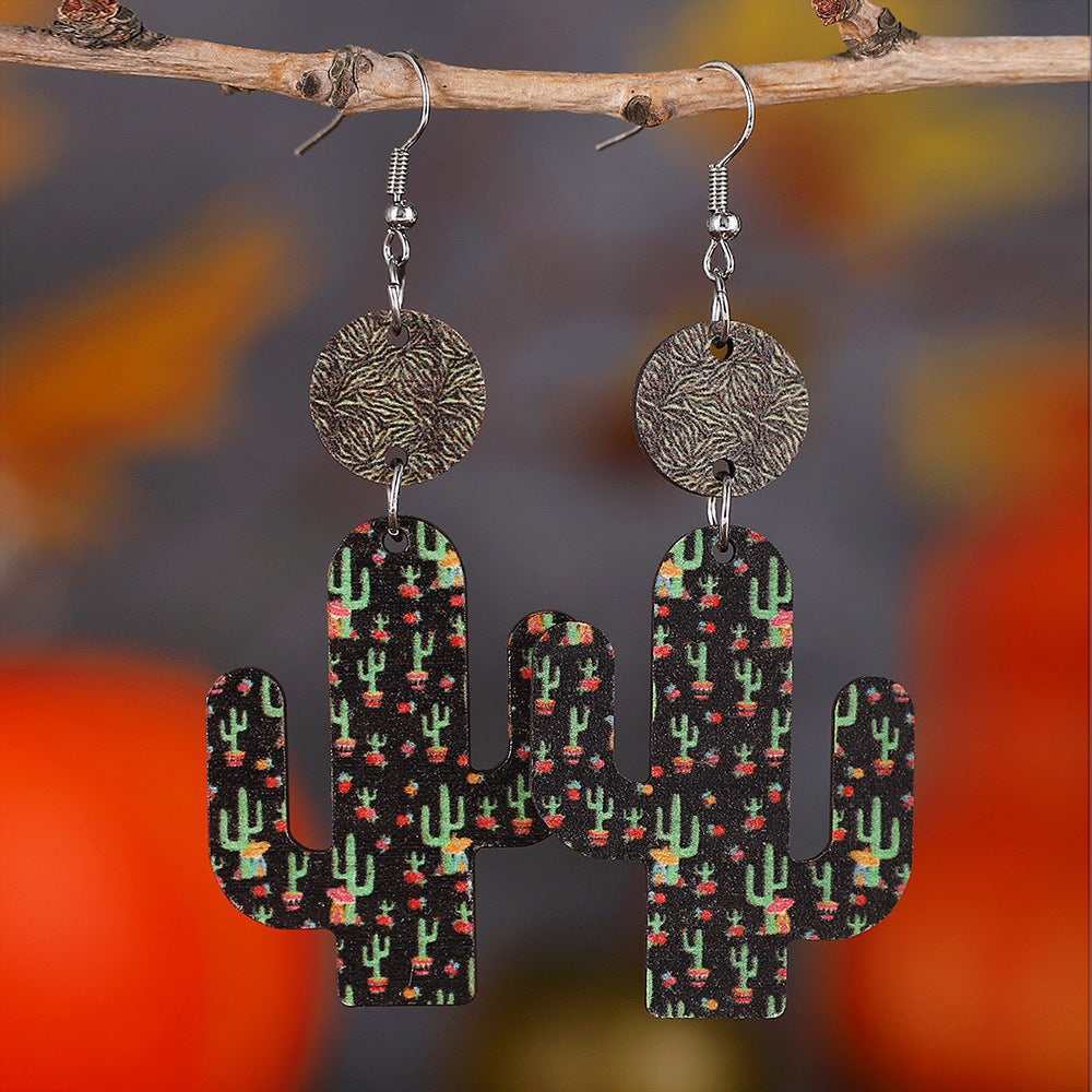 Wholesale Hawaiian Style Tropical Turtle Leaf Cactus Wooden Earrings