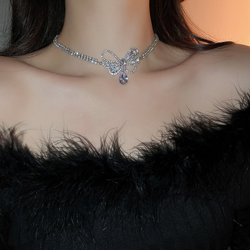 Wholesale Zircon Hollow Bow Teardrop Earrings Necklace Set