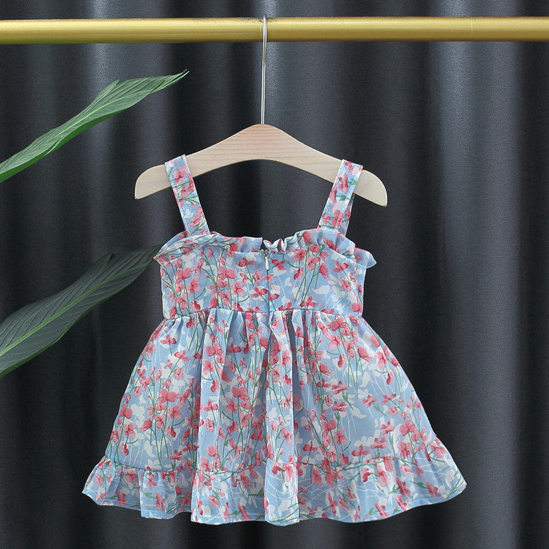 Wholesale Summer Fashion Floral Chiffon Princess Slip Dress For Toddler Girls Lace Trim Party Sundress For Boutique Resale