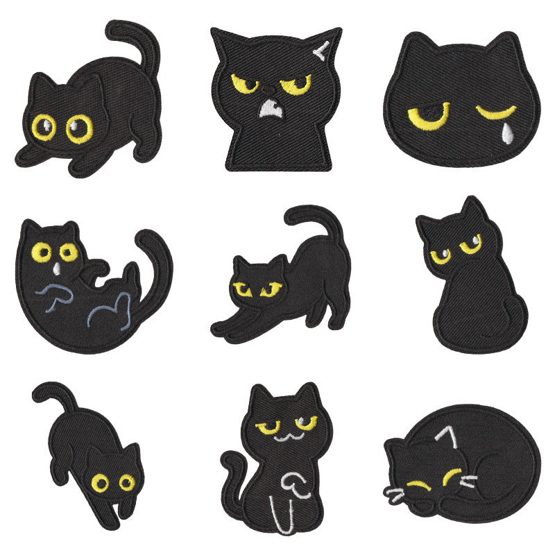 Wholesale Chic Black Cat Embroidered Patches Iron On Funny Mood Cat Set Of 9 For Clothing Repair And et Decoration