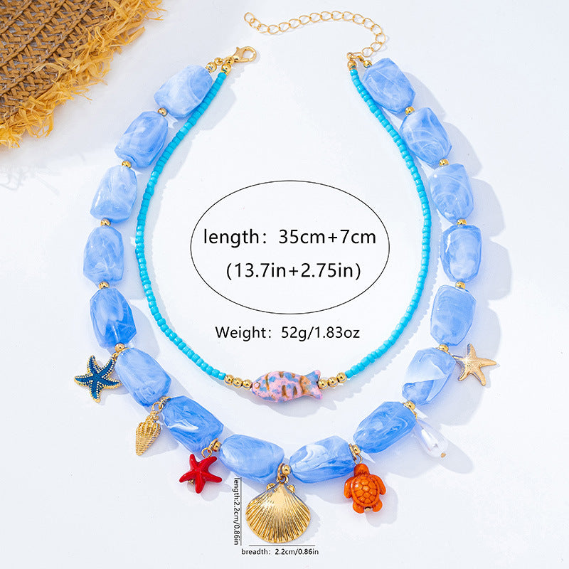 Wholesale Electroplated Alloy Ocean Vacation Style Beaded Necklace Starfish Shell Pendant Women Fashion Jewelry Gift