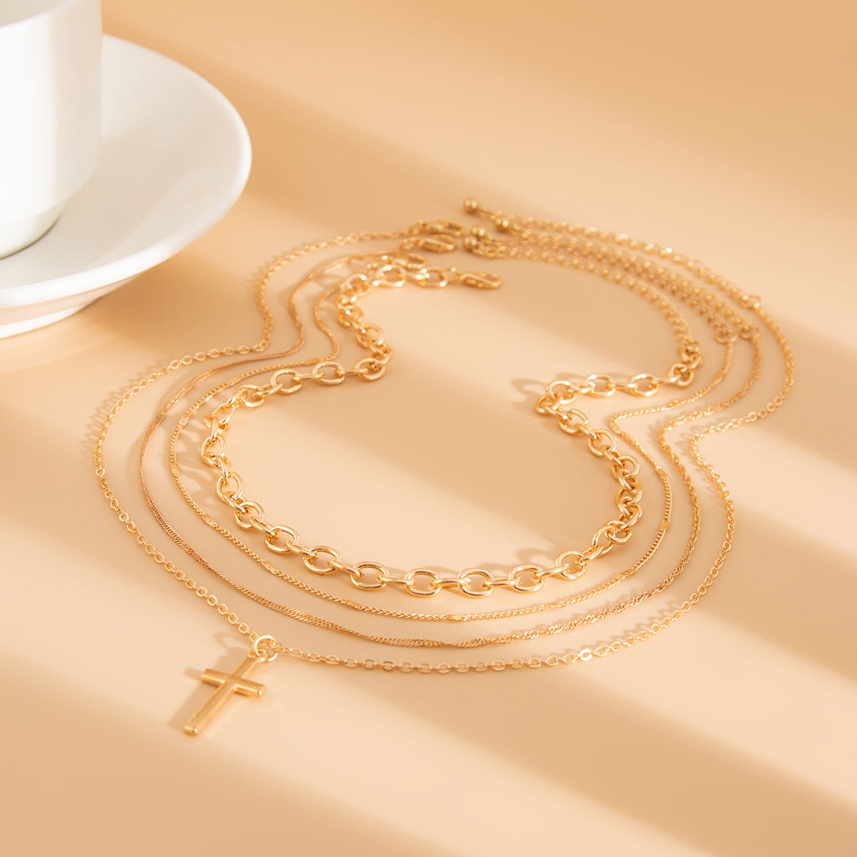 Wholesale Simple Metal Cross Versatile Multi-layered Chain Necklace