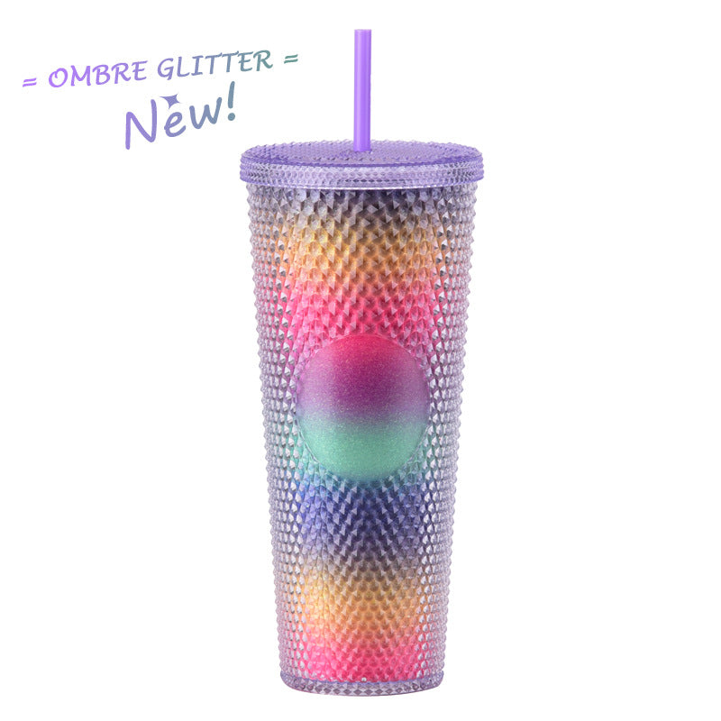 Wholesale Double-layer Plastic 710ml Durian Prick Hand Luminous Color Changing Rainbow Gradient Straw Cup