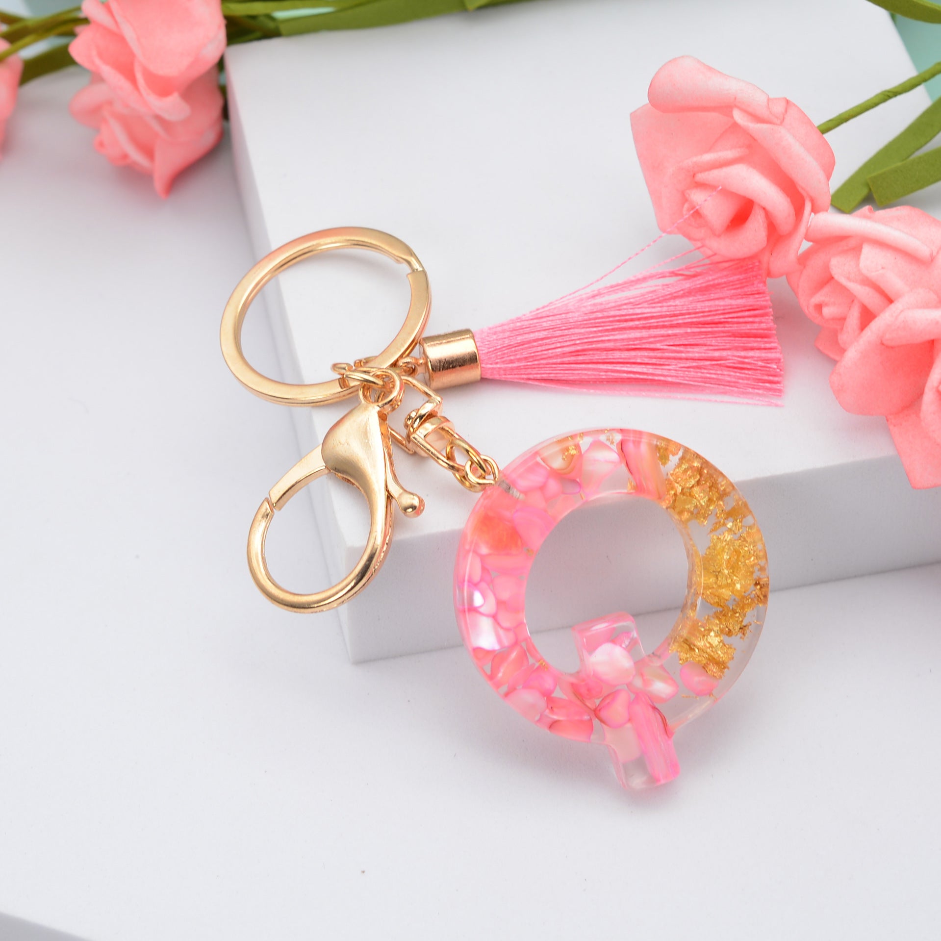 Wholesale Pink Tassel 26 Letter Crystal Resin Keychain