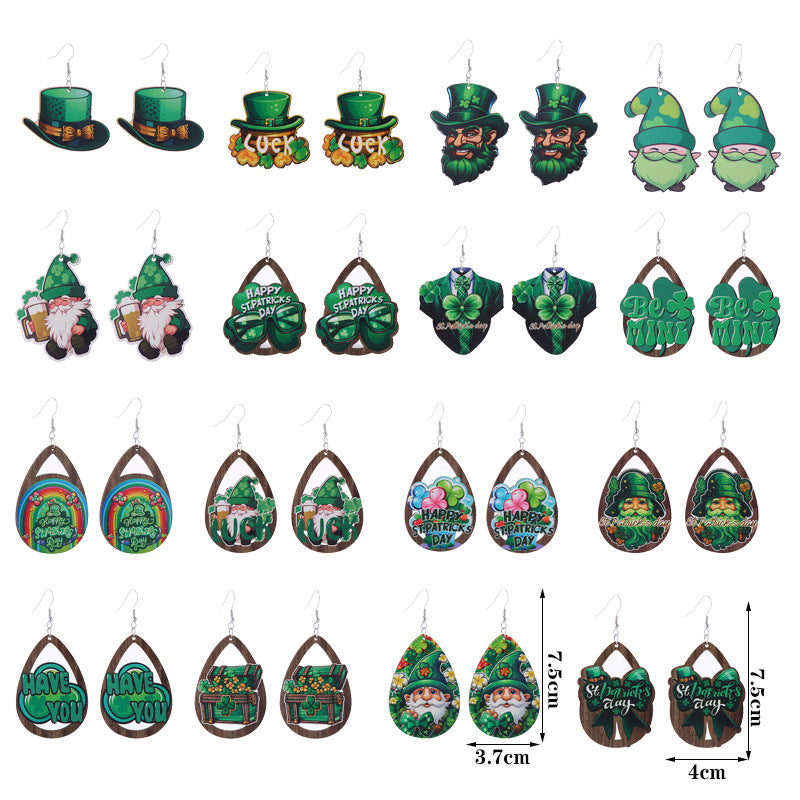 Wholesale St. Parcret festival Green lucky grass rainbow hat beard Irish wooden earrings