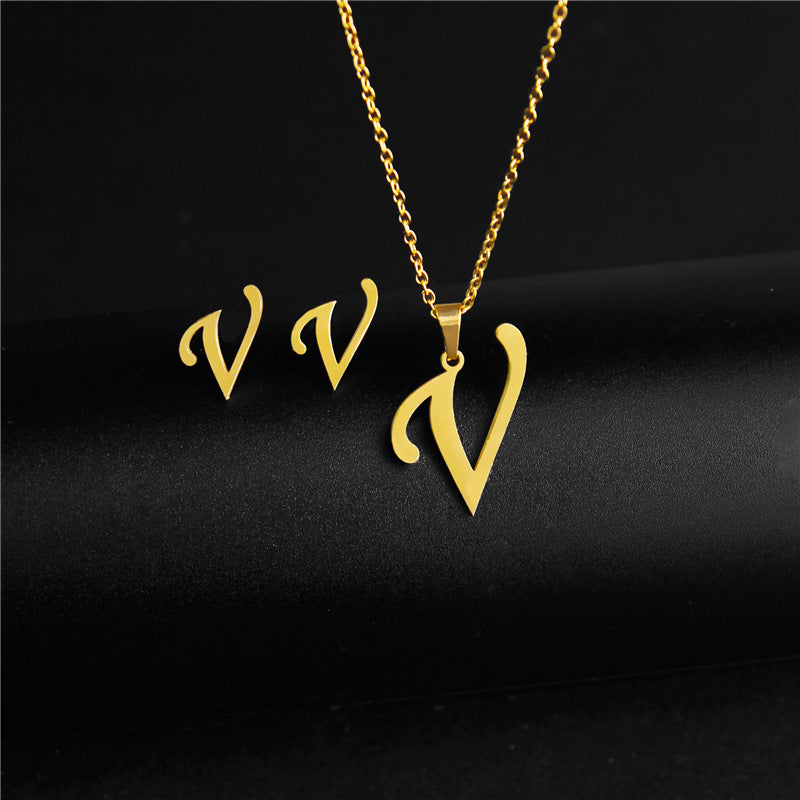Wholesale Stainless Steel 26 Letter Necklace Earrings Two Piece Set