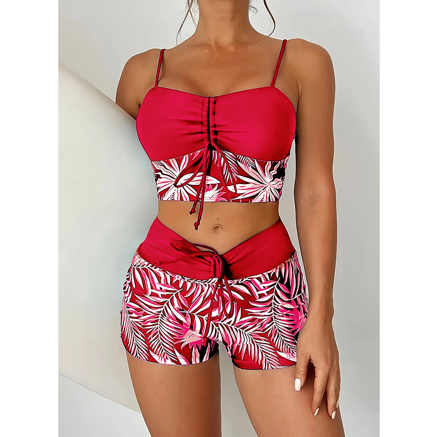 Wholesale High-waisted boxer tie-strap print solid color patchwork print swimsuit