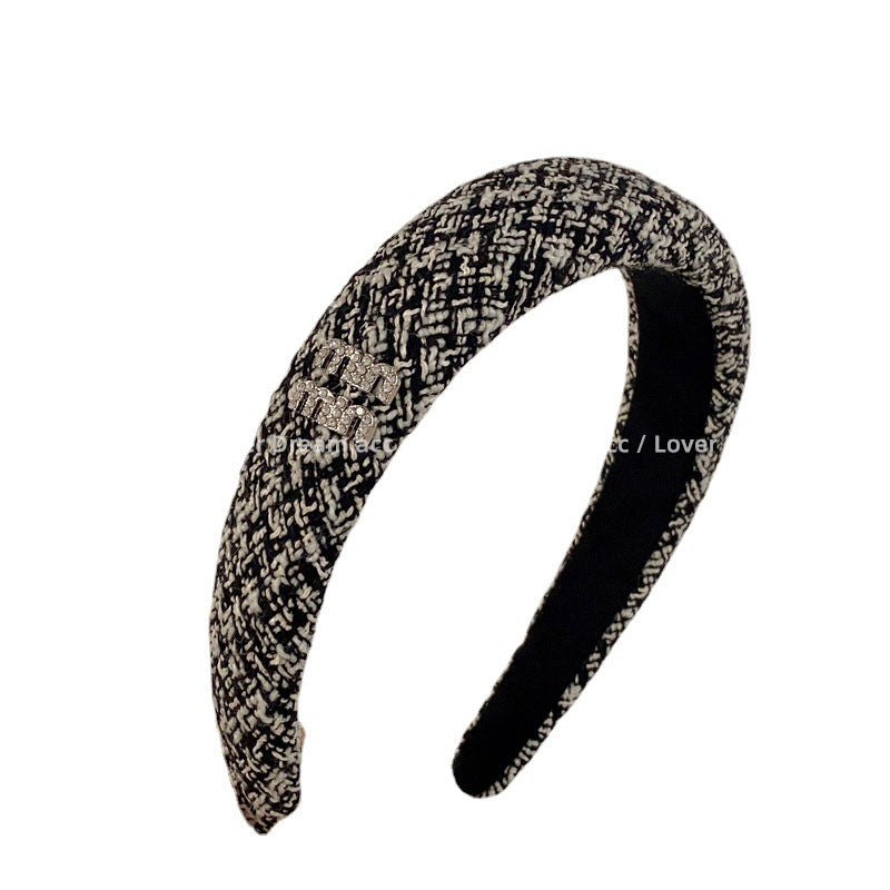 Wholesale Rhinestone Letter Black Grey Houndstooth Sponge Headband