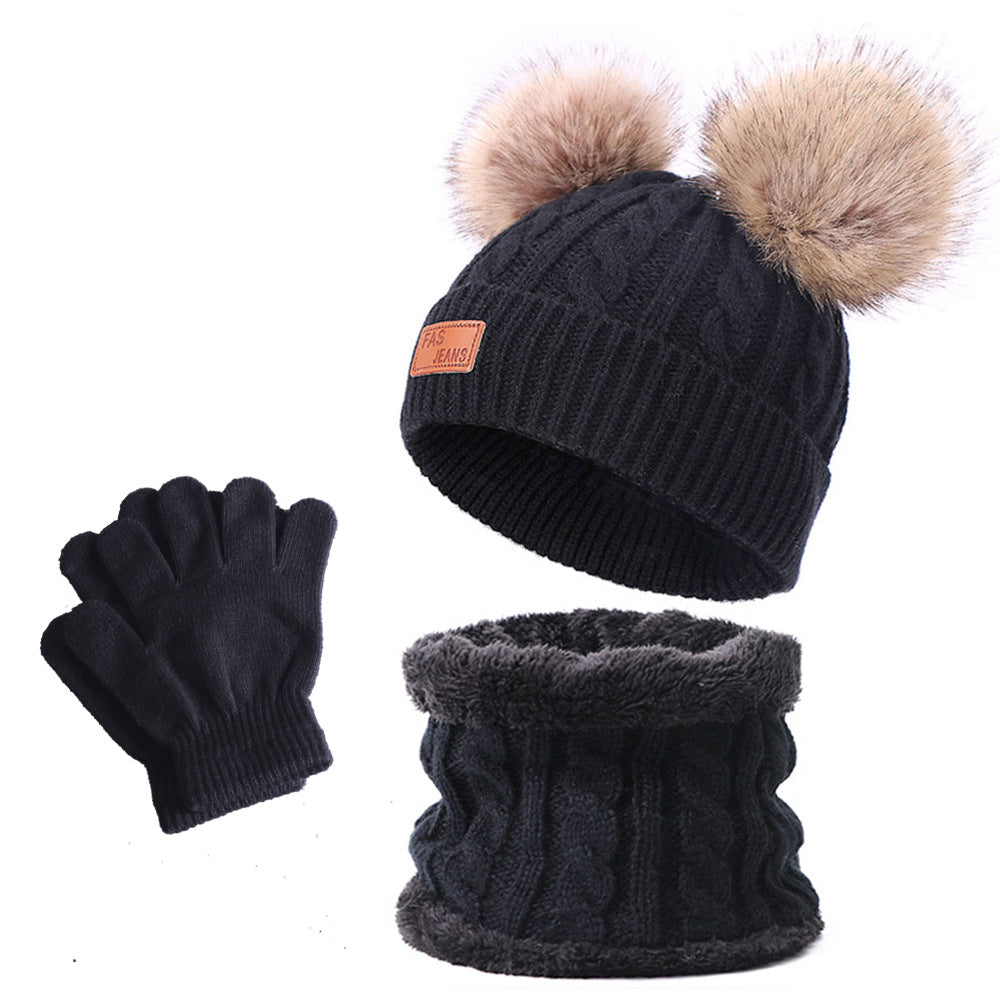 Wholesale Winter Baby Infant Child Warm Plus Velvet Thickened Scarf Pompom Hat Two-piece Set