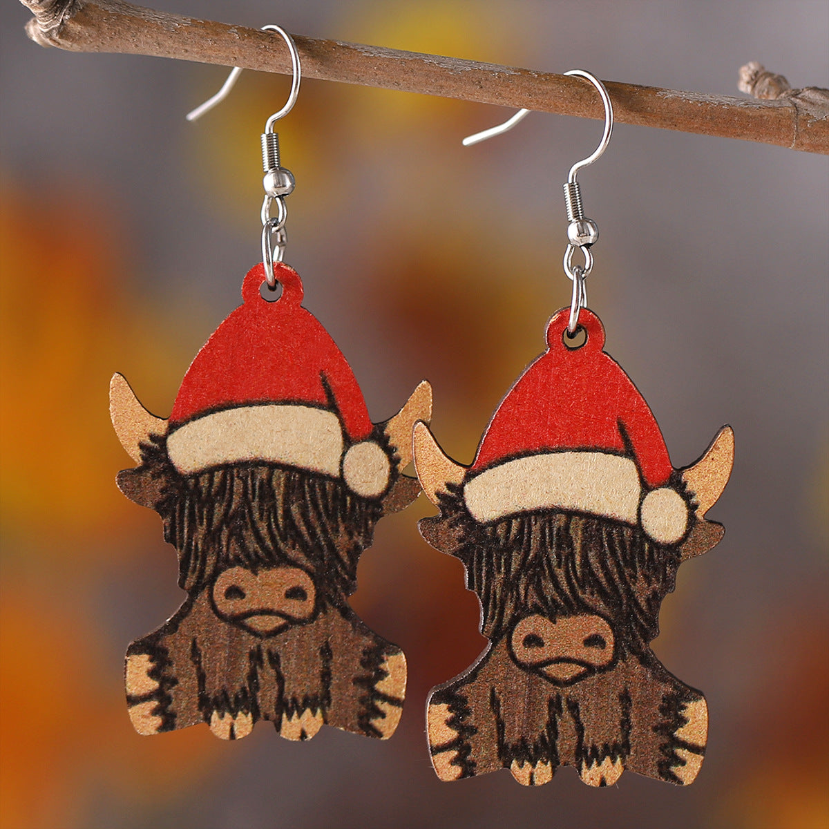 Wholesale Christmas Western Style Mountain Cow Wood Double-Sided Earrings