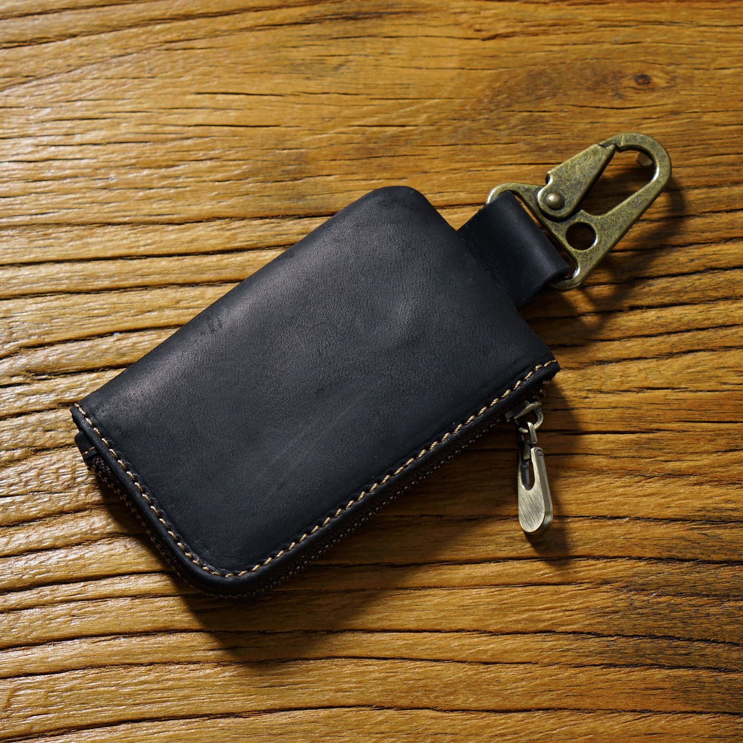 Wholesale Cowhide Waist Hanging Portable Zipper Storage Bag Leather Keychain