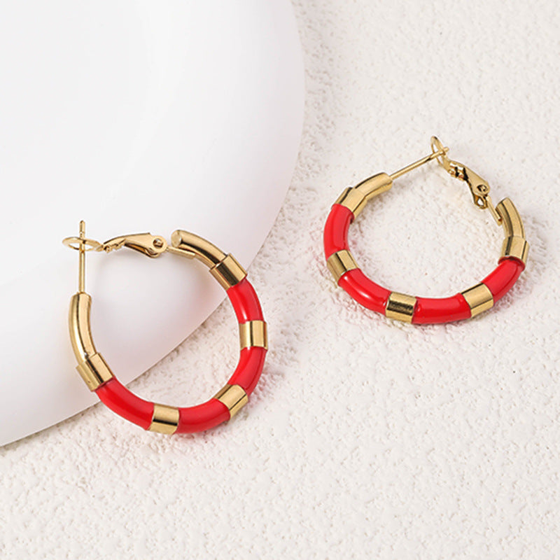 Wholesale Enamel Large Earrings Fashion Bamboo Stainless Steel Drip Oil Geometric Round 18K Real Gold Earrings