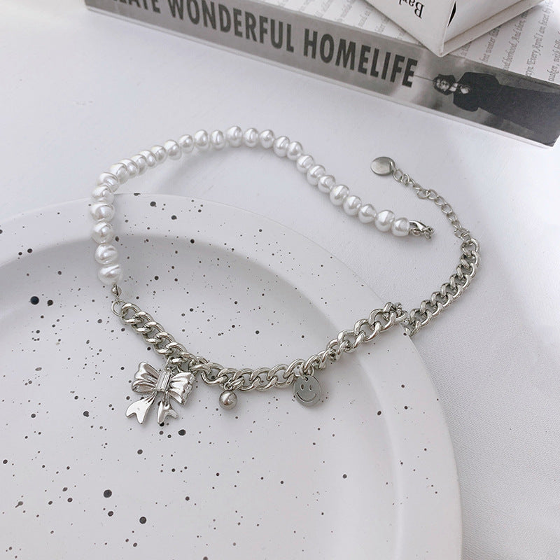 Wholesale Stitching Pearl Bow Smiley Necklaces