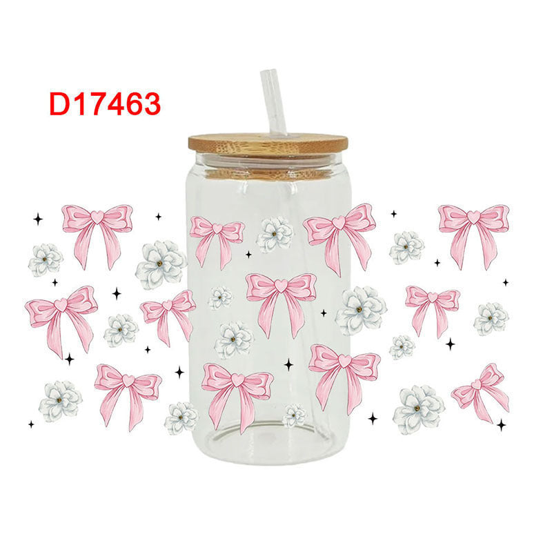 Wholesale Pink Cartoon Bow Ribbon 16oz Cup UV DTF Wraps