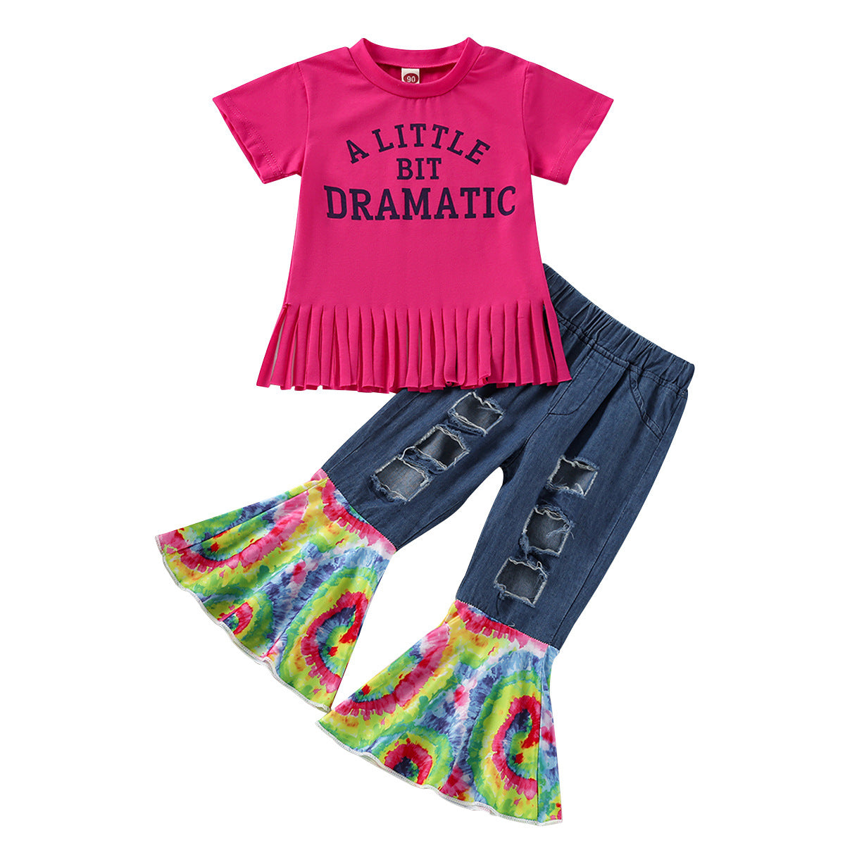 Wholesale Cotton Fringed Short-sleeved T-shirt, Ripped Patchwork Tie-dye Denim Flared Pants Two-piece Set