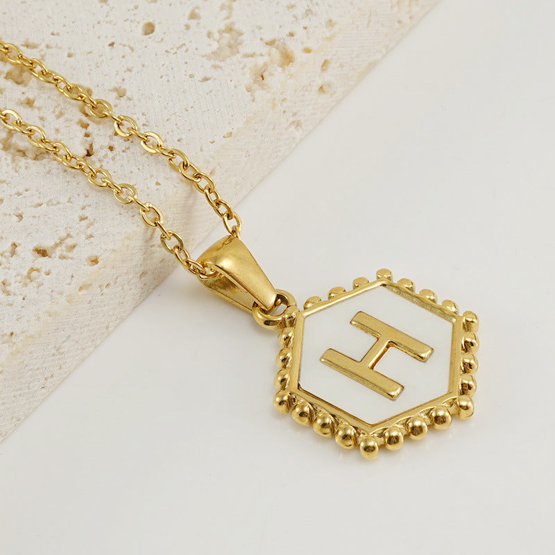 Wholesale Stainless Steel Plated Hexagonal Natural Shell Letter Pendant 18K Necklace