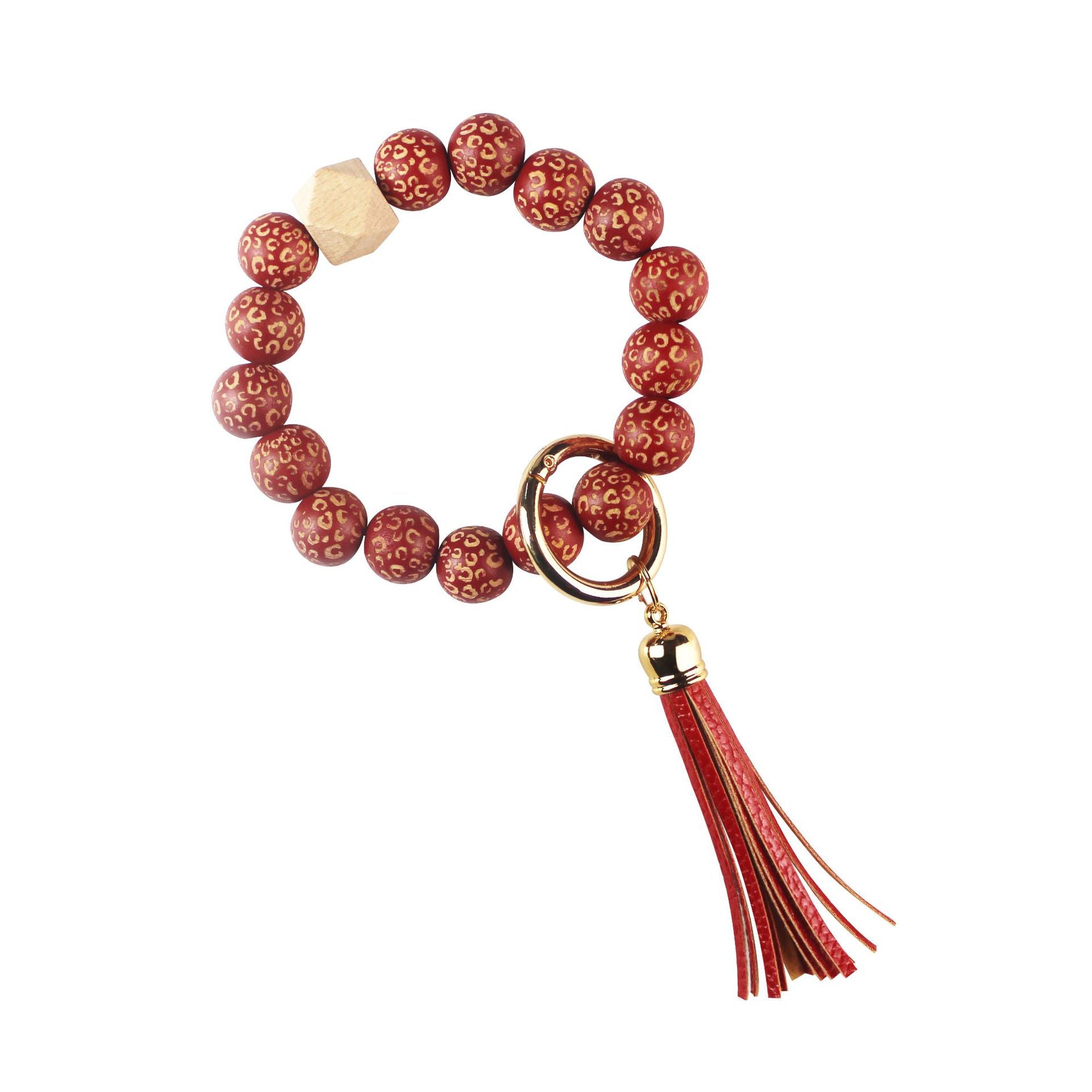Wholesale Leopard Pattern Wood Bead Leather Tassel Pendant Wrist Keychain