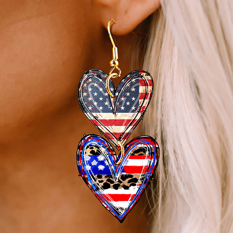 Wholesale Independence Day Pentagram Double Heart Leather Earrings
