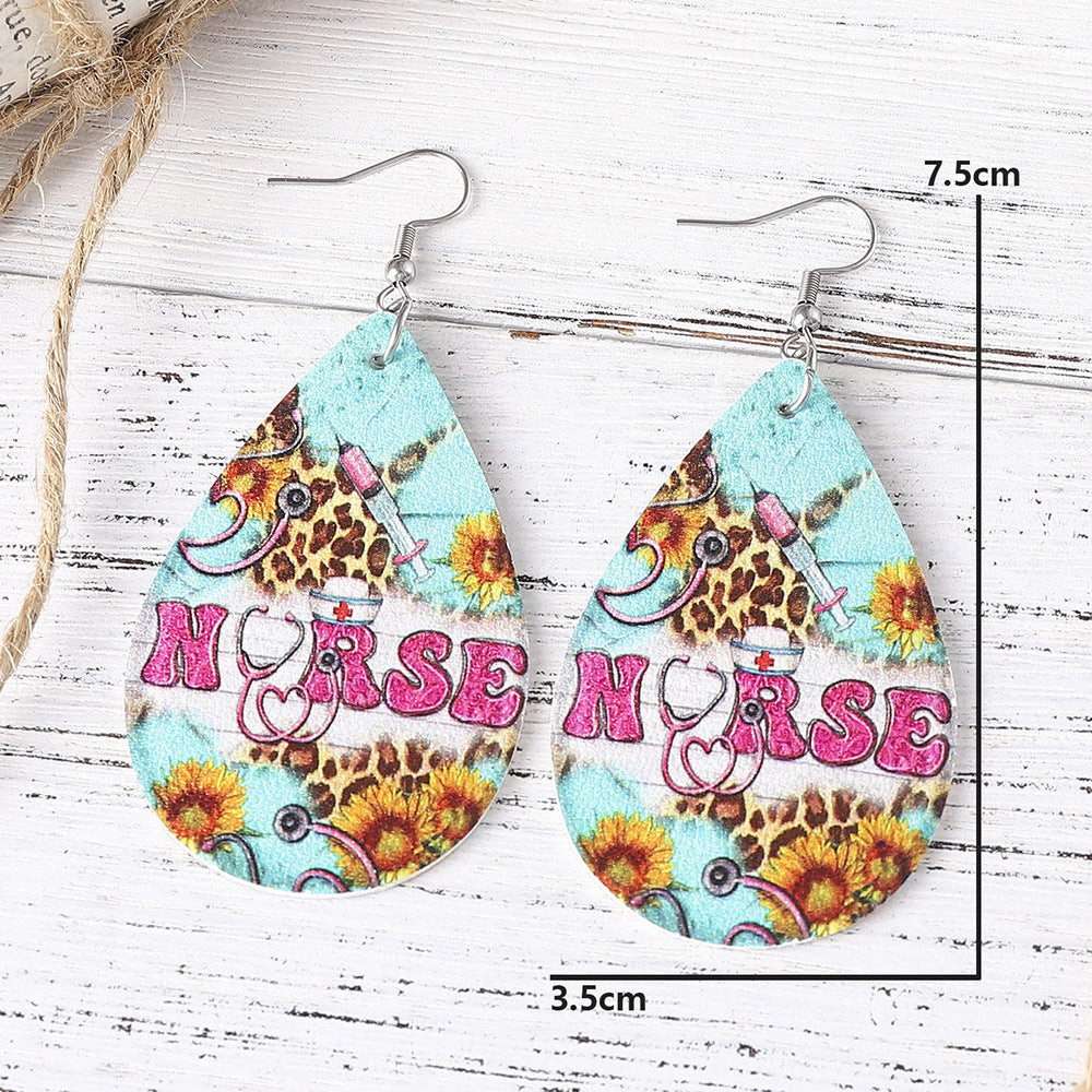Wholesale Nurse' s Day western style leopard print sunflower  leather pendant earrings