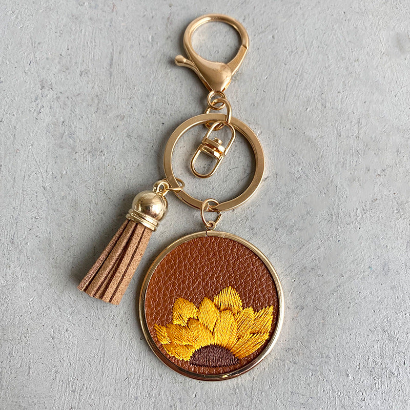 Wholesale 3PCS/PACK Leather Embroidery Sunflower Keychains